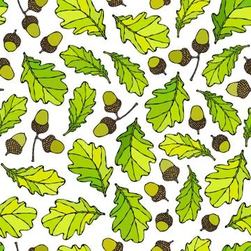 Seamless Endless Pattern of Oak Leaves and Acorns. Green and Yellow. Autumn o Stock Illustration