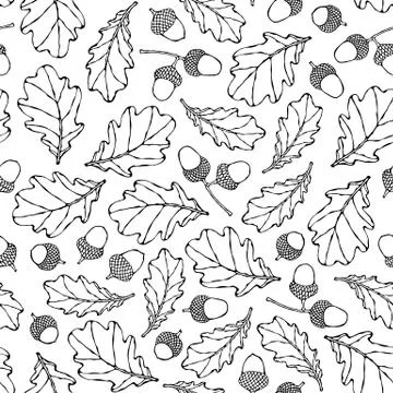 Seamless Endless Pattern of Oak Leaves and Acorns. Green and Yellow. Autumn o 스톡 일러스트