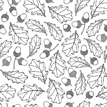 Seamless Endless Pattern of Oak Leaves and Acorns. Green and Yellow. Autumn o Stock Illustration