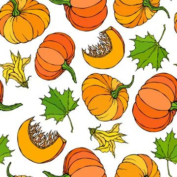 Seamless Endless Pattern of Pumpkin and Maple Leaves. Orange Pumpkins, Flower Illustrazione stock