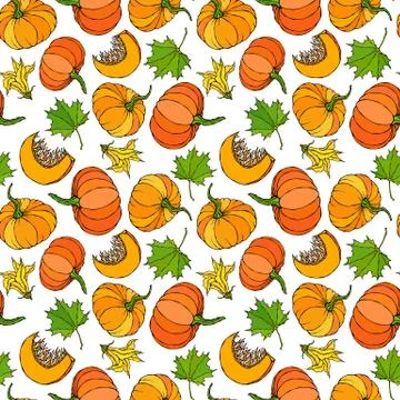 Seamless Endless Pattern of Pumpkin and Maple Leaves. Orange Pumpkins, Flower 스톡 일러스트
