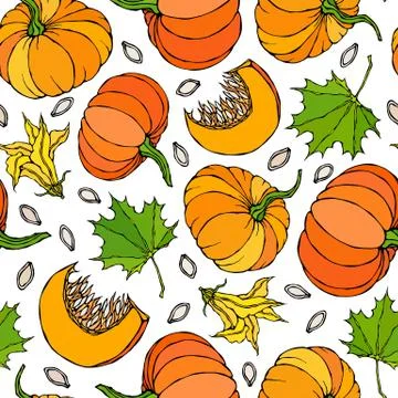 Seamless Endless Pattern of Pumpkin and Maple Leaves. Orange Pumpkins, Flower 스톡 일러스트