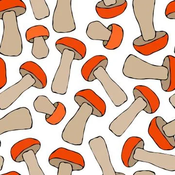 Seamless Endless Red or Orange Aspen Mushrooms Pattern. Autumn or Fall Harves Stock Illustration