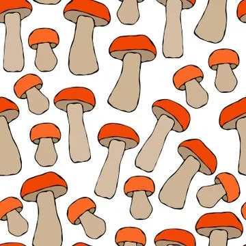 Seamless Endless Red or Orange Aspen Mushrooms Pattern. Autumn or Fall Harves 스톡 일러스트