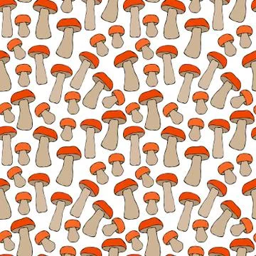 Seamless Endless Red or Orange Aspen Mushrooms Pattern. Autumn or Fall Harves 스톡 일러스트