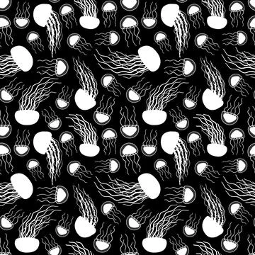 Seamless endless repeat silhouette pattern of black white outline vector dood Stock Illustration