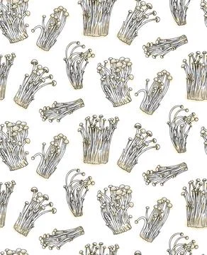 Seamless enoki mushrooms outline pattern Stock Illustration