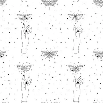 Seamless esoteric pattern with celestial butterfly, hands and mystic moth Illustrazione stock