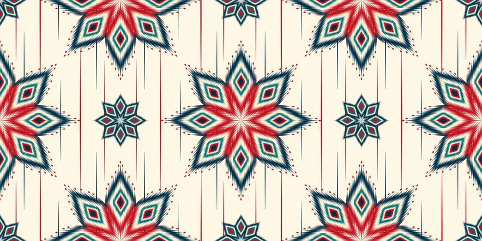 Seamless ethnic Ikat pattern with abstract star and stylized floral motifs Stock Illustration