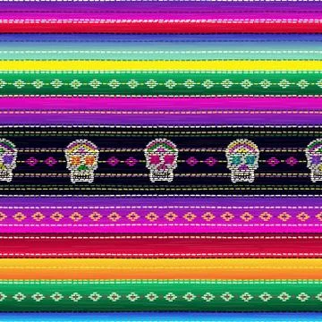 Seamless ethnic mexican fabric pattern with colorful stripes and Catrina`s skull Stock Illustration
