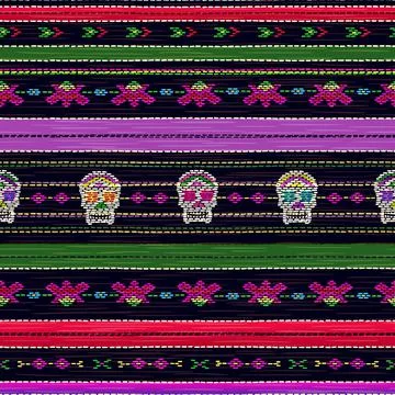 Seamless ethnic mexican fabric pattern colorful stripes and Catrina`s skull. Stock Illustration