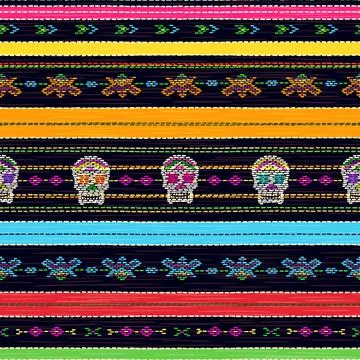 Seamless ethnic mexican fabric pattern with colorful stripes and Catrina`s skull Stock Illustration