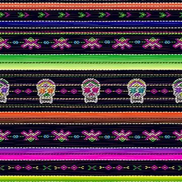 Seamless ethnic mexican fabric pattern with colorful stripes and Catrina`s skull Stock Illustration