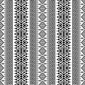 Seamless ethnic pattern texture background design vector in black white color Stock Illustration
