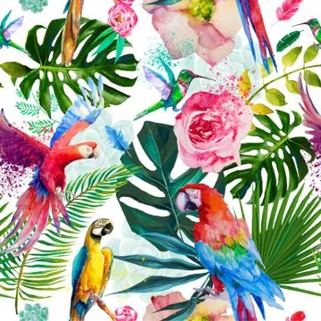Seamless exotic floral pattern with parrots Illustrazione stock