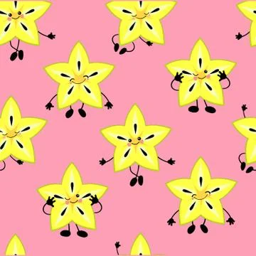 SEAMLESS exotic fruit carambola pattern, funny cute faces character. Kitchen  Stock Illustration