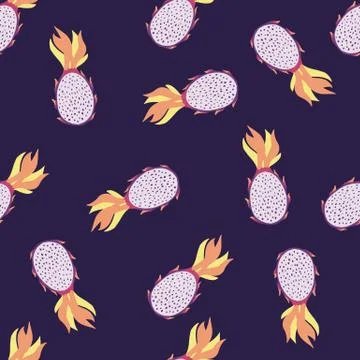 Seamless exotic fruit pattern with pitaya random ornament. Navy blue dark bac Stock Illustration