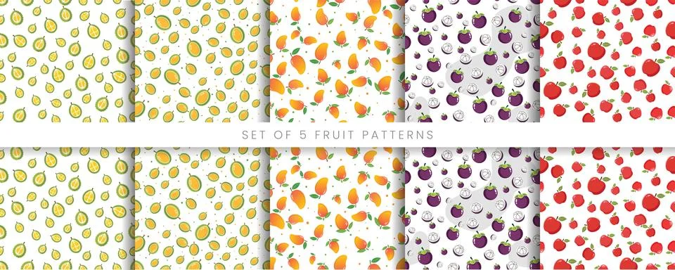 Seamless Exotic Fruit Patterns Featuring Durian Mango Mangosteen and Red Ap.. 스톡 일러스트