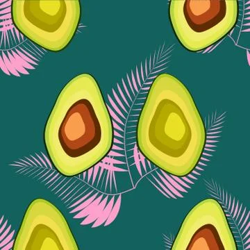 Seamless exotic pattern with avocado slices and leaves of monstera on light g Stock Illustration