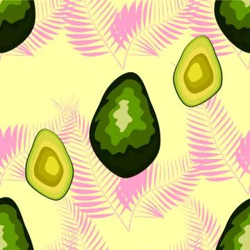 Seamless exotic pattern with avocado slices and leaves of monstera on light g Stock Illustration