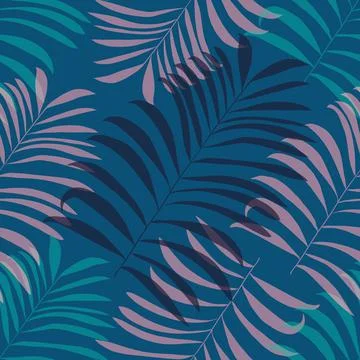 Seamless exotic pattern with palm leaves on blue background Stock Illustration