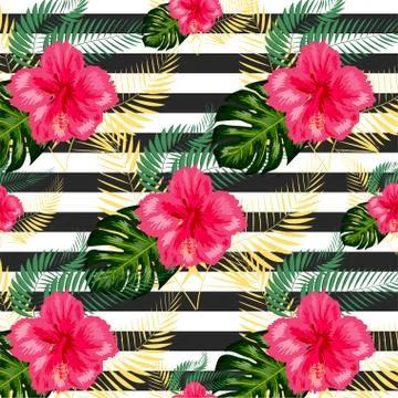 Seamless exotic pattern with tropical leaves and flowers on a white backgroun Stock Illustration