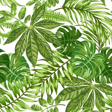Seamless exotic pattern with tropical leaves on a white background. Stock-Illustration