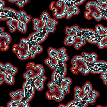 Seamless exotic tropical vector pattern with gecko lizards and boho suns and  스톡 일러스트