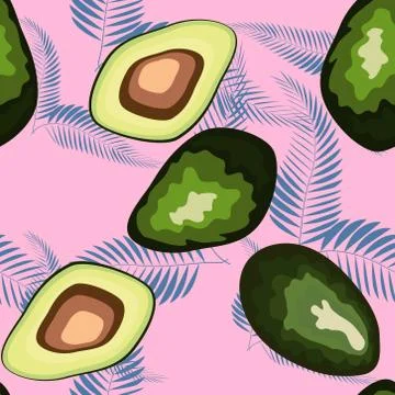 Seamless exotic vector pattern with avocado slices and leaves of monstera on  Stockillustratie
