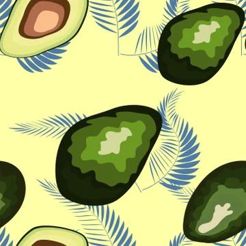 Seamless exotic vector pattern with avocado slices and leaves of monstera on  イラスト素材