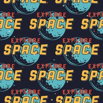 Seamless explore space pattern. Planets, moon and stars. Retro Cartoon design Stock Illustration