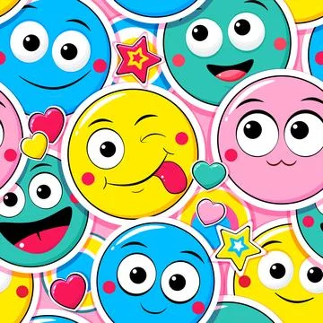 Seamless eye-catched pattern with emoticons. Cartoon emoji faces in differe.. 库存插图