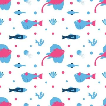 Seamless fabric with fish, algae and jellyfish. Background, wallpaper or paper イラスト素材