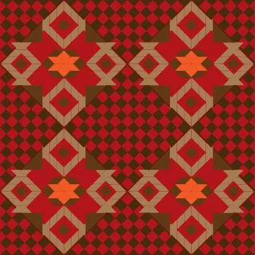 Seamless fabric geometric pattern in brown on a red background. Stock Illustration