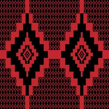 Seamless fabric geometric pattern in red on a black background. Stock Illustration