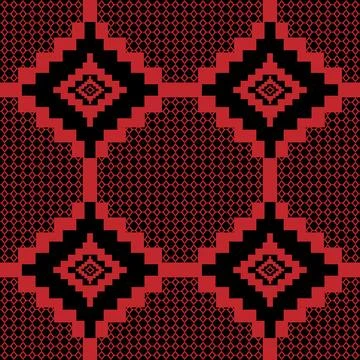 Seamless fabric geometric pattern in red on a black background. Stock Illustration
