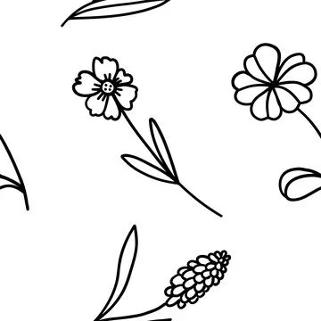 Seamless fabric pattern of flowers in outline doodle style. Hand drawn blac.. Stock Illustration