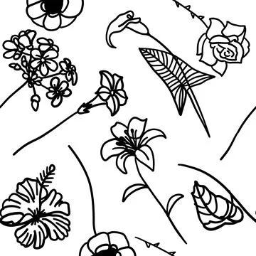 Seamless fabric pattern of flowers in outline doodle style. Hand drawn blac.. Stock Illustration