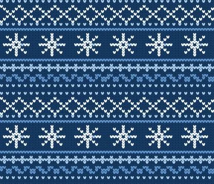 Seamless Fair Isle knitted pattern with snowflakes in shades of blue Stock Illustration