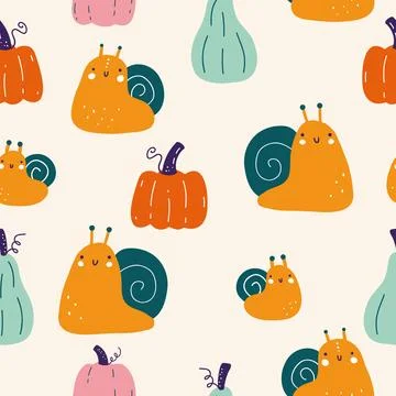 Seamless fall pattern with cute snail and pumpkins on white background Stock Illustration