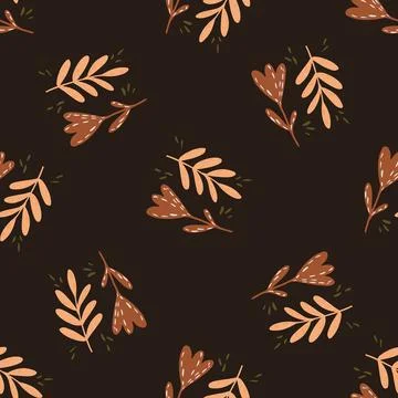 Seamless fall pattern with decorative branches and flowers on dark brown back Stock Illustration
