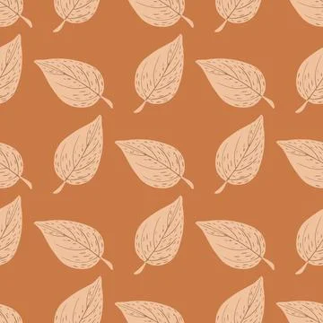Seamless fall pattern with doodle outline leaf silhouettes. Orange background Stock Illustration