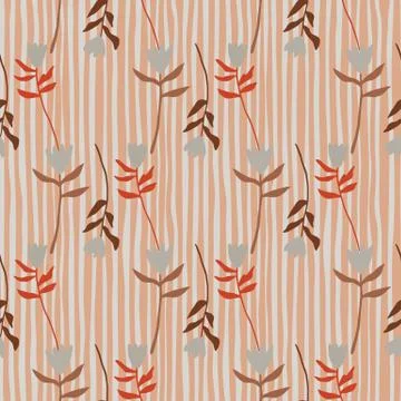 Seamless fall pattern with flower random located silhouettes. Orange stripped 스톡 일러스트