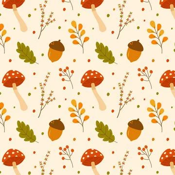 Seamless fall pattern with mushrooms, acorns, leaves and berries Stock Illustration