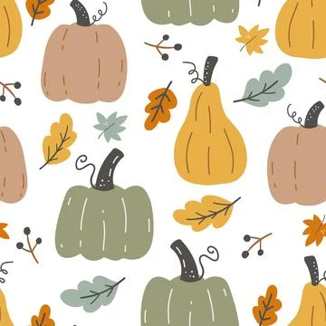 Seamless fall pattern with pumpkins and leaves on white background. Repeating Stock Illustration