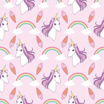 Seamless fantasy pattern with unicorns rainbow and ice cream on pink backgrou Stock Illustration