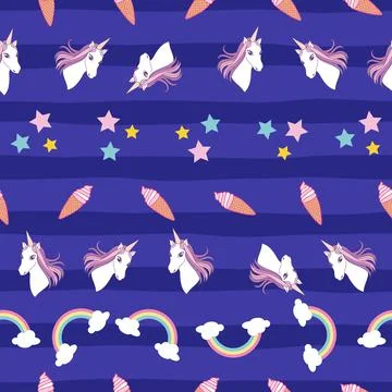 Seamless fantasy pattern unicorns, rainbow, stras and ice cream on purple str Stock Illustration