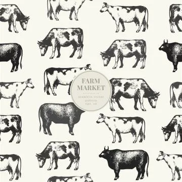 Seamless farm vector pattern. Graphical cow silhouette, hand drawn vintage Illustrazione stock