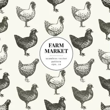 Seamless farm vector pattern. Graphical hen silhouette, hand drawn vintage Stock Illustration