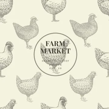 Seamless farm vector pattern. Graphical hen silhouette, hand drawn vintage Stock Illustration